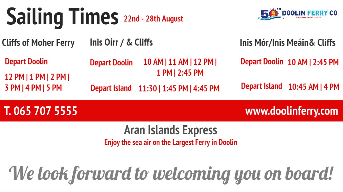 DoolinFerry's tweet photo. Sailing times to the #AranIslands and #CliffsofMoher for the upcoming week 😀.   
#doolinferryco  #theburren  #lovedoolin     #cliffsofmohercruises  #MakeABreakforit https://t.co/88DhLk3S1z