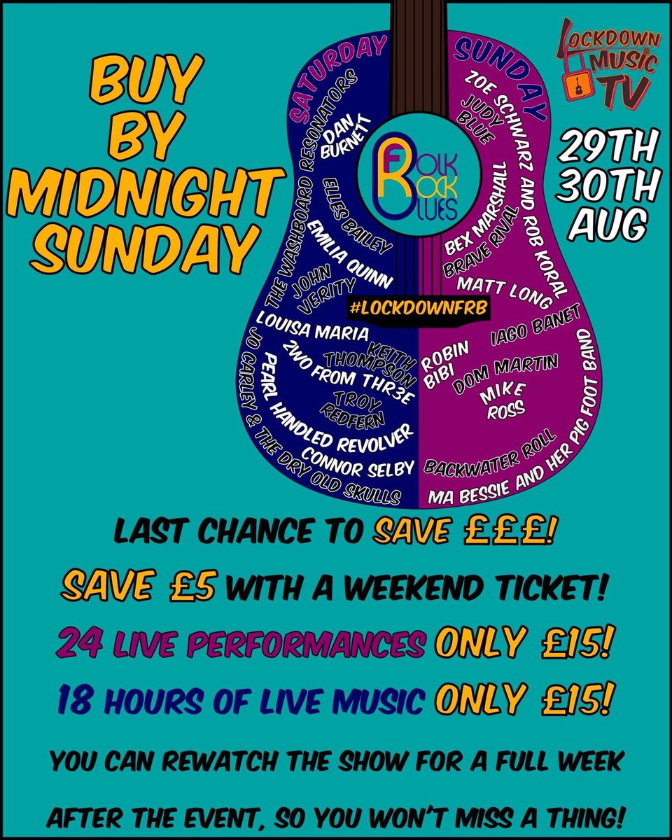 Don’t miss out on your chance to get a weekend ticket for the <a href="/LockdownMusicTV/">LockdownMusicTV</a> FRB Festival over the August Bank Holiday weekend.

#MaBessie is on at 5.30pm on Sunday 30th August alongside 23 other fantastic acts. Book your weekend and day tickets here: lockdownmusictv.wixsite.com/frb-festival/m…