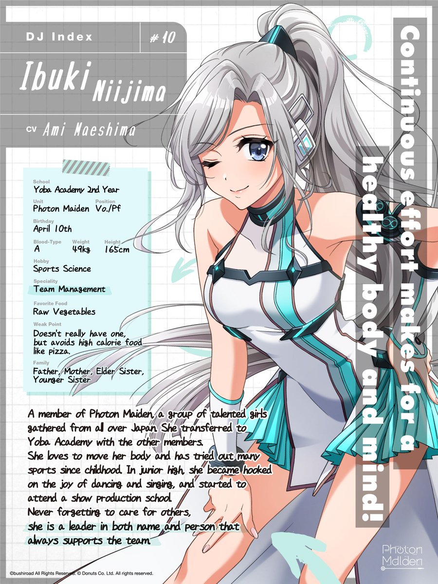 Photon Maiden (1/2)A unit working under an entertainment agency, whose members have been selected through a nation-wide audition. They captivate the audience with their choreographed performances and electro pop songs