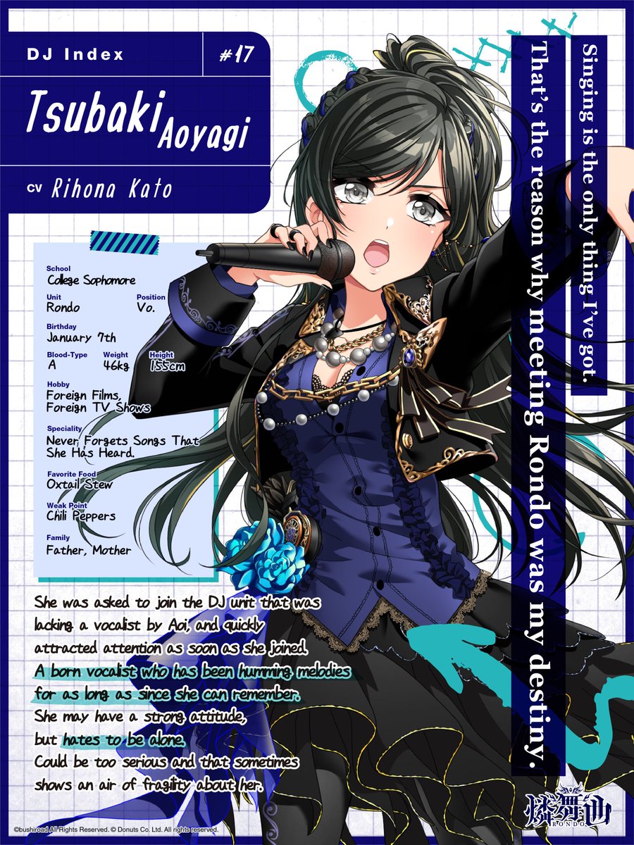 RONDO (1/2)A college DJ unit who performs at a famous local club. Centering around their vocalist, they specialize in heavy rock songs, with guitar played live.