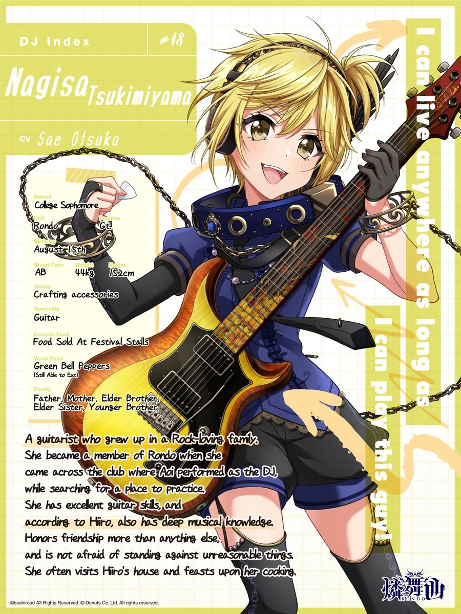 RONDO (1/2)A college DJ unit who performs at a famous local club. Centering around their vocalist, they specialize in heavy rock songs, with guitar played live.