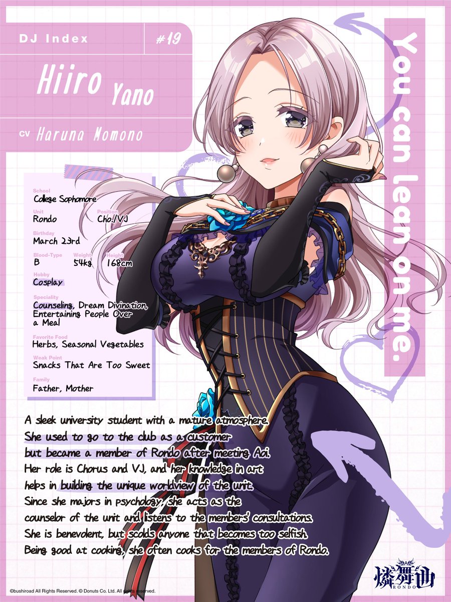 RONDO (1/2)A college DJ unit who performs at a famous local club. Centering around their vocalist, they specialize in heavy rock songs, with guitar played live.