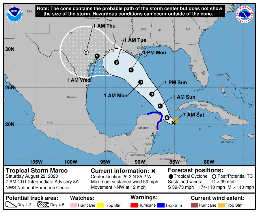 Philip Klotzbach (@philklotzbach) on Twitter photo #Laura and #Marco are both forecast to be in the Gulf of Mexico at the same time as named storms (e.g., >=39 mph).  If these forecasts verify, it would be only the 3rd time on record (since 1851) w/ 2 named storms in Gulf simultaneously.  Other 2 times were 9/5/1933 & 6/18/1959. #Laura and #Marco are both forecast to be in the Gulf of Mexico at the same time as named storms (e.g., >=39 mph).  If these forecasts verify, it would be only the 3rd time on record (since 1851) w/ 2 named storms in Gulf simultaneously.  Other 2 times were 9/5/1933 & 6/18/1959.