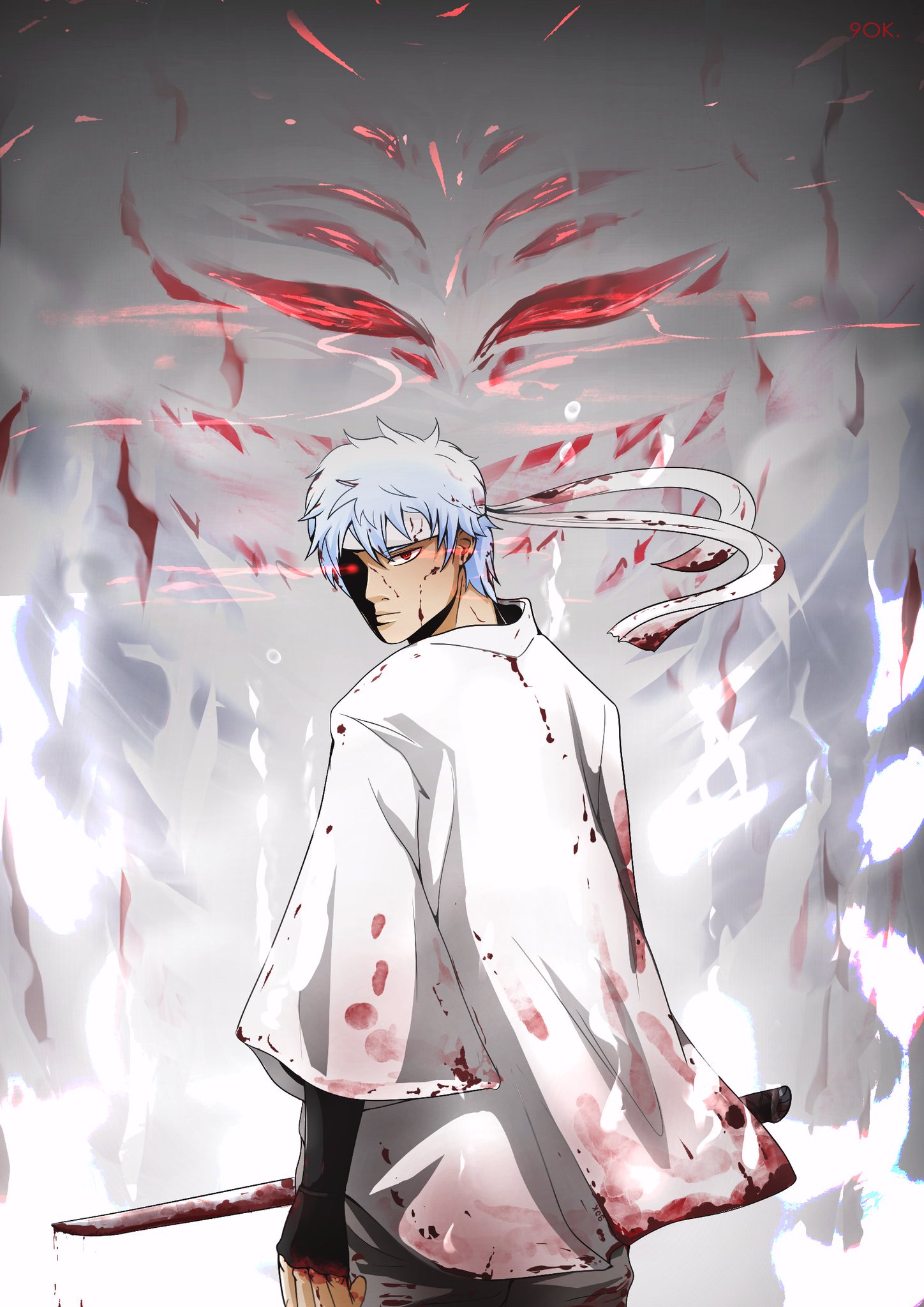Sakata Gintoki White Demon Wallpaper Blood, Guy, Red Eyes, White Hair,