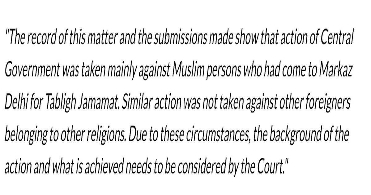 Court reviews the actions of the Central Government in handling Tablighi jamaat - The Judge proceeded to find that there seemed to be an element of discrimination and malice in the filing of FIRs against the attendees (Tablighi).