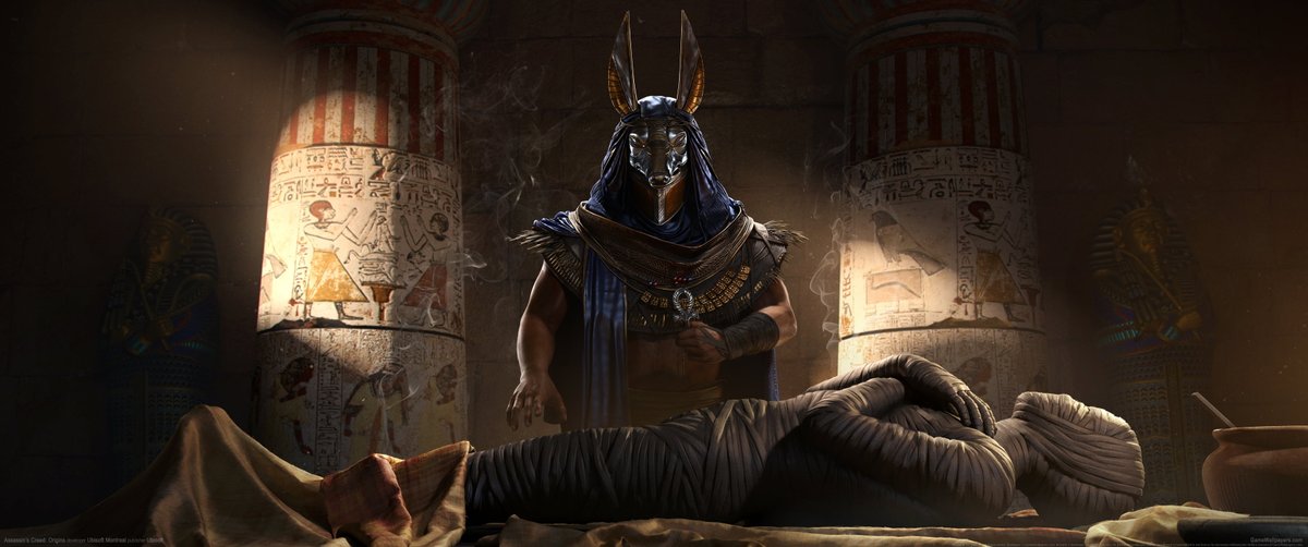 To insure a body is preserved, Priests of Anubis do the mummification process, which is a process you can learn in  #AssassinsCreed   Origins: Discovery Tour. These priests who wear the Jackal hats impersonate Anubis to represent Anubis passing them from Duat-->Afterlife.7/8