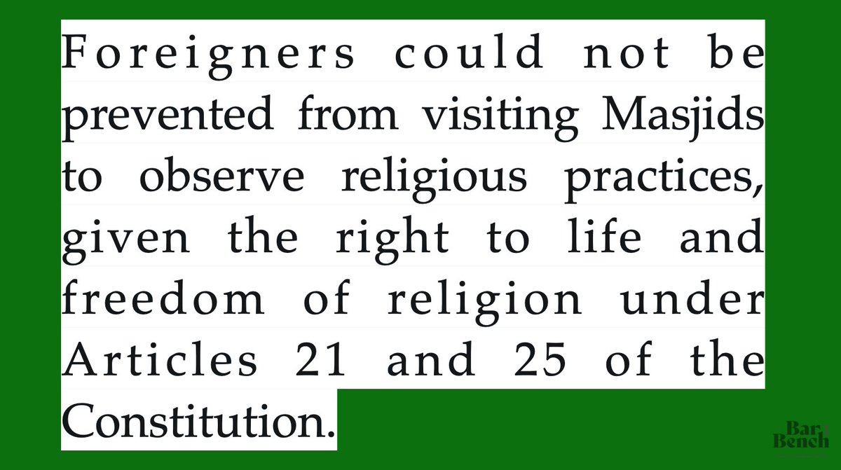 He also stated that foreigners could not be prevented from visiting Masjids to observe religious practices, given the right to life and freedom of religion under Articles 21 and 25 of the Constitution. #TablighiJamaat Tablighi