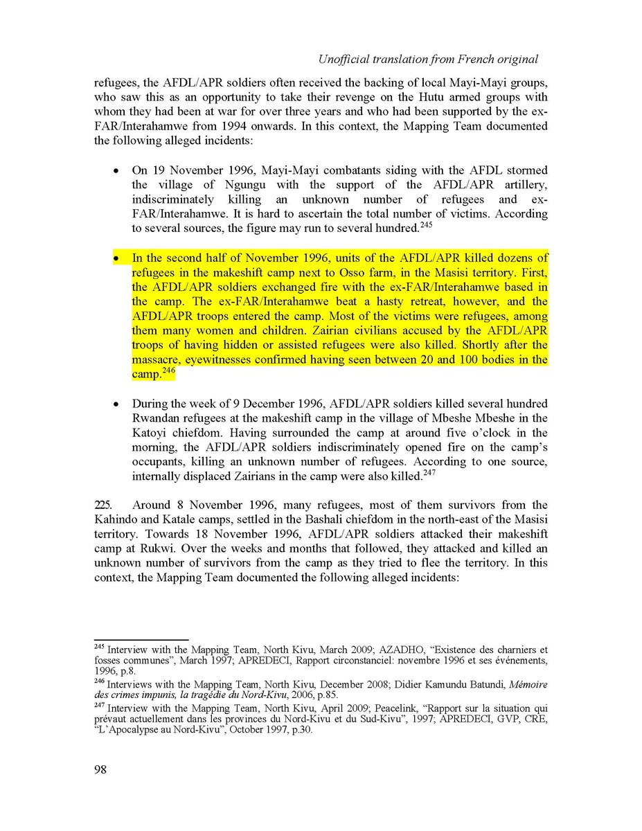 MappingReport's tweet photo. hidden or assisted refugees were also killed. Shortly after the massacre, eyewitnesses confirmed having seen between 20 and 100 bodies in the camp. [3/3]

@UN #MappingReport, Page 98
#Rwanda #Burundi #DRC @IntlCrimCourt @hrw @amnesty  @UNHumanRights https://t.co/eAyBurO3ZT