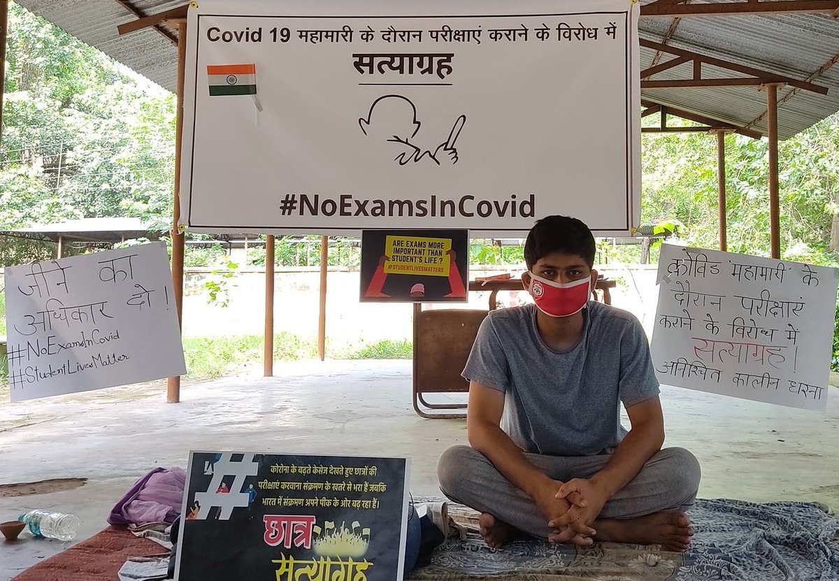 BPSinghINC_'s tweet photo. Education Minister broke faith of students. He cancelled Exams when India had 100 cases but ready to organize in 3 million + cases.

A student, @ineeraj786 of BHU is sitting on Gandhian satyagrah from 10 days demanding right to safety of students.

#INDIAunitedtoPostponeJEE_NEET https://t.co/uslLyIWyvF