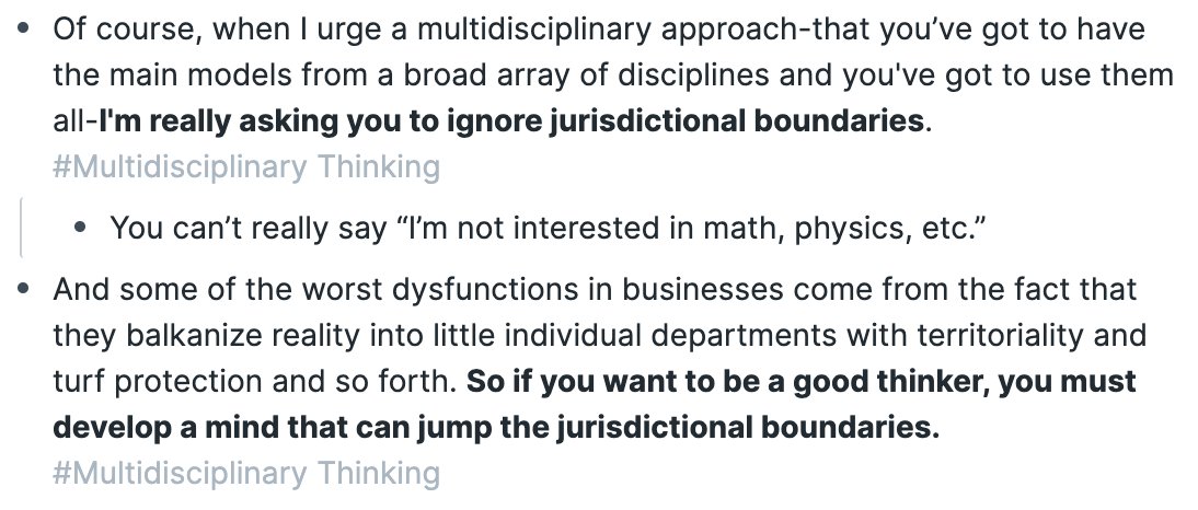 12/ People saying "I'm not good at math" or "I don't like reading fiction" are inherently bound by intellectual jurisdictions. Multidisciplinary thinking is based on the ability to take any field and ask "what can I take from this?"Be an idea thief.