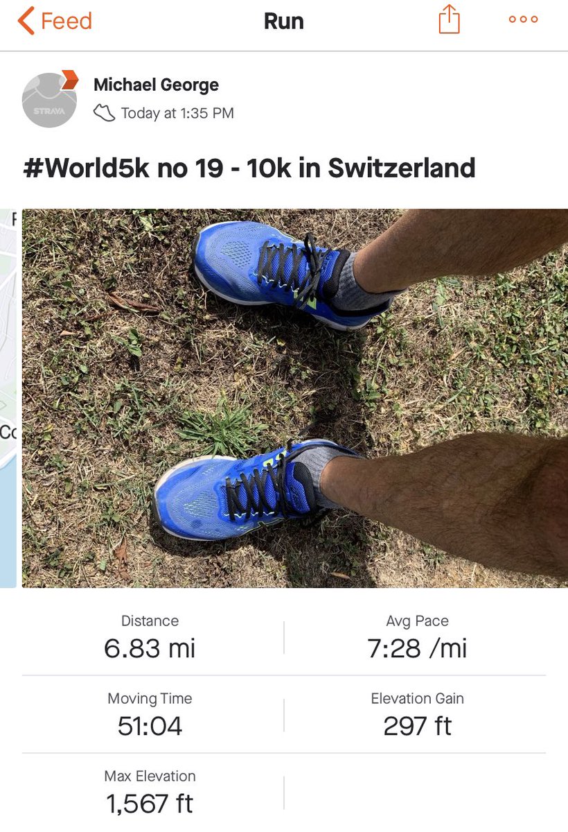 MichaelGeorgePR's tweet photo. Just did my 19th #World5k here in sweltering Switzerland in my blue trainers. They are nearly the same colour as my running shirt, although that wasn’t planned @world5k1 https://t.co/gpcRMm25vW