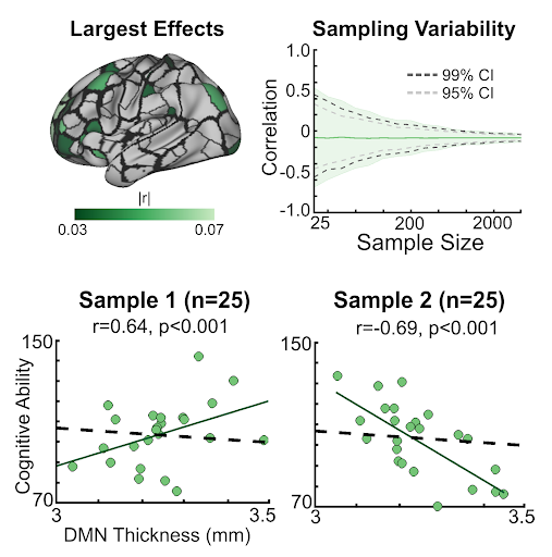 Beyond excited to share new PREPRINT I co-1st authored with  @smarek0502 . Using  #ABCDStudy data, we show that the effect sizes of brain-wide associations and sampling variability are a key element of replication failures in typical samples. 1/x  https://www.biorxiv.org/content/10.1101/2020.08.21.257758v1