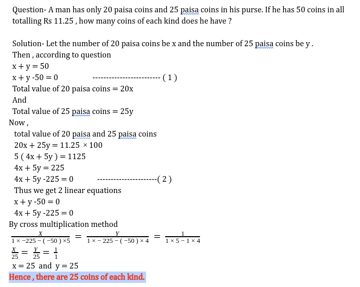 dishamam's tweet photo. #class10th #Maths #PairOfLinearEquationsInTwoVariables                           A man has only 20 paisa coins and 25 paisa coins in his purse.If he has 50 coins in all totalling Rs 11.25 , how many coins of each kind does he have?

#Mathematics #DishaMam #DakshClasses #DCQ00057 https://t.co/zhCVsErHW8