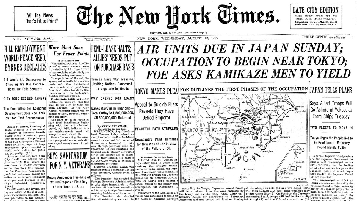 Aug. 22, 1945: Air Units Due in Japan Sunday; Occupation to Begin Near Tokyo; Foe Asks Kamikaze Men to Yield  https://nyti.ms/3aMsyHj 