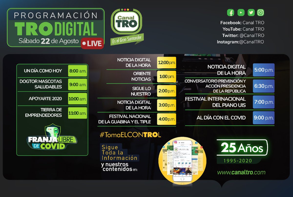 CanalTRO's tweet image. #ProgramaciónDigital Los invitamos a conectarse con nuestras plataformas digitales y la programación que hemos preparado para hoy sábado 22 de agosto. #TRODigital #SigueLoNuesTRO