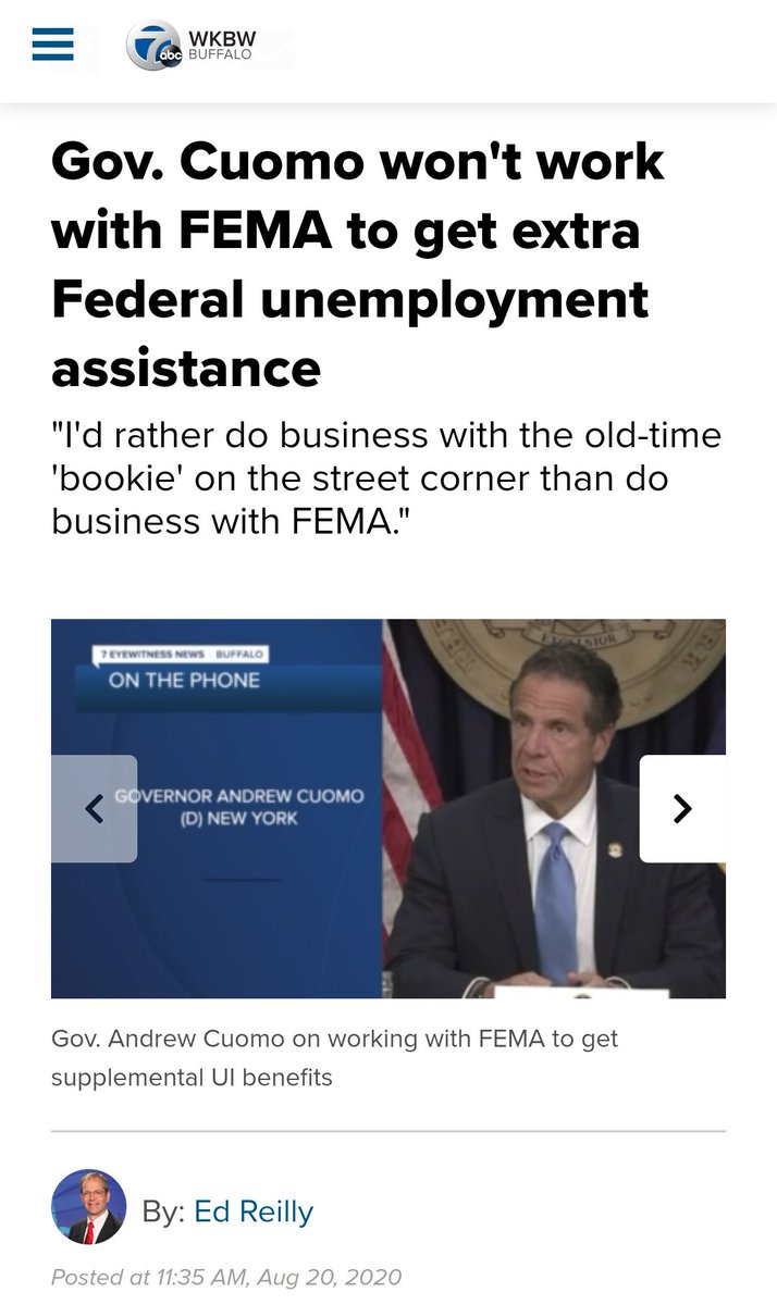 Andrew Cuomo said Thurs he refuses Trump's UI ext bcz he believed it was illegal, that he'd "rather do biz w the old time bookie on the corner than w FEMA", & that it would be "an impossibility" to implement short term. Arizona had already started paying theirs out that Monday 