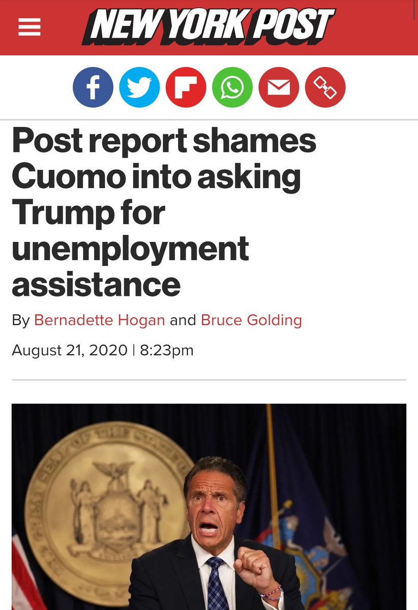 Andrew Cuomo said Thurs he refuses Trump's UI ext bcz he believed it was illegal, that he'd "rather do biz w the old time bookie on the corner than w FEMA", & that it would be "an impossibility" to implement short term. Arizona had already started paying theirs out that Monday 