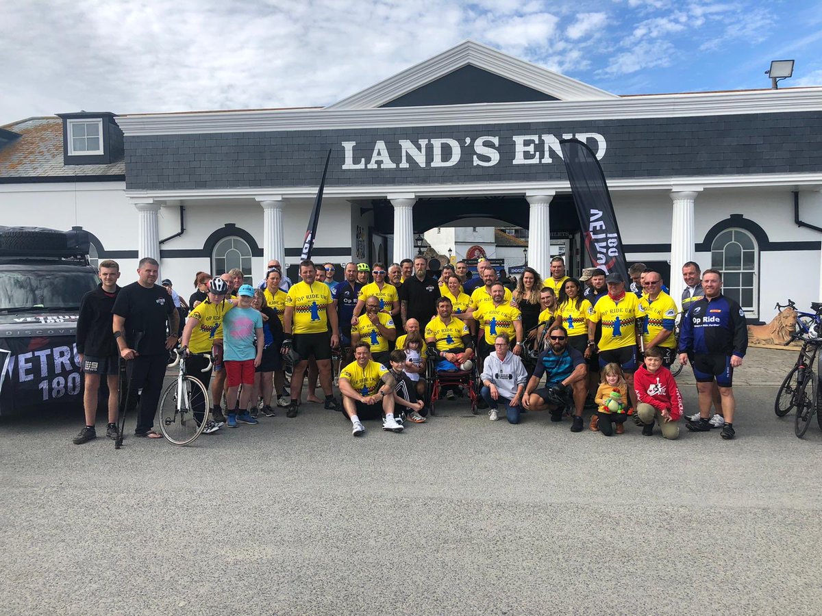 VetRun180's tweet photo. LANDS END // After a grueling 2 weeks of cycling we have all made it to Lands End!  Special thanks to Steve, Charlie, Ross T, Ross, Marty and Simon from VetRun180 for all the hard work and dedication. @HatfieldsLRover @LandRover @RustyFirmin @PilgrimBanditsU @LandRoverUKPR https://t.co/EE6WGTL4jx