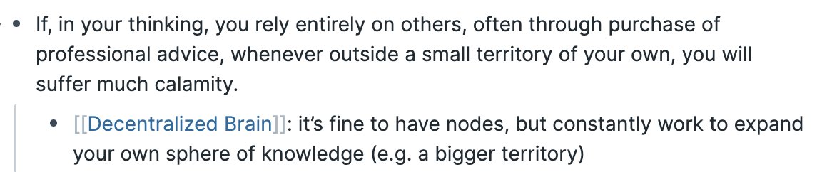 17/ I have this idea of building a "decentralized brain." People are my nodes. I can't live a life as a lawyer so I have a lawyer friend as a node. I have a blockchain node. A history node. A physics node.Then I work to expand my circle of competence so I'm not node dependent