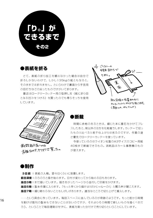 これは……鏡音リン本の総集編を出したときにページ合わせでいれた、コピー本のときの製本道具紹介ページですね。これで100部くらいまでは作れると思います。 