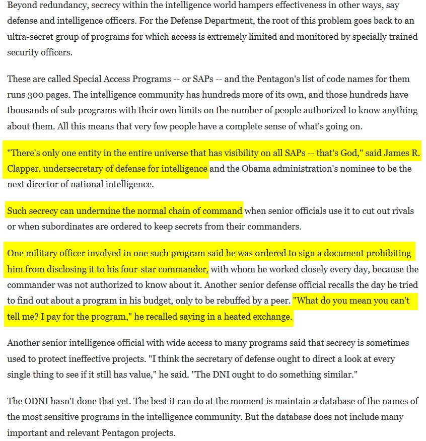 Recent Stig Agermose's FB post reminded me of this 2010 investigative WaPo article that deals with America's Top Secret Infrastructure and SAPs. Article lead to two Frontline investigative episodes. Relevant SAP excerpt attached plus companion video here: