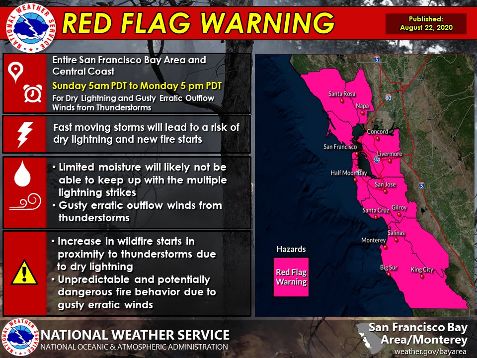 NWS Bay Area on Twitter: "RED FLAG WARNING has been issued for the entire  San Francisco Bay Area and Central Coast from 5 am Sunday to 5 pm MONDAY  (updated) for Dry