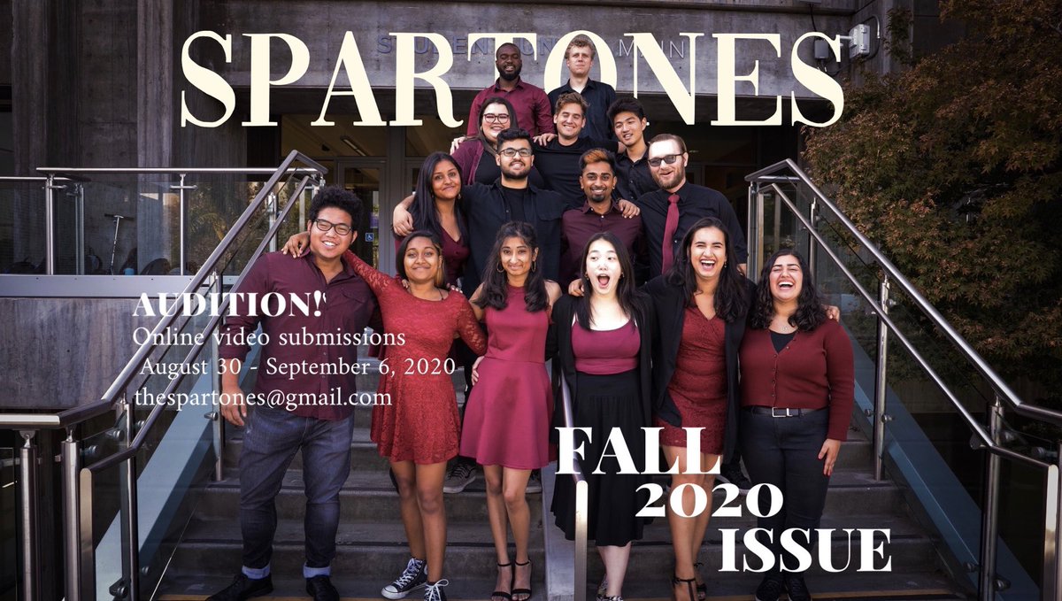 Can you Aca-believe the Spartones are having auditions?! 🎵 Check out the SJSU Spartones auditions through Sept 6th. Due to the pandemic, they will be having video submission auditions.

To see an example audition: bit.ly/34n9xdc

Submit to: thespartones@gmail.com