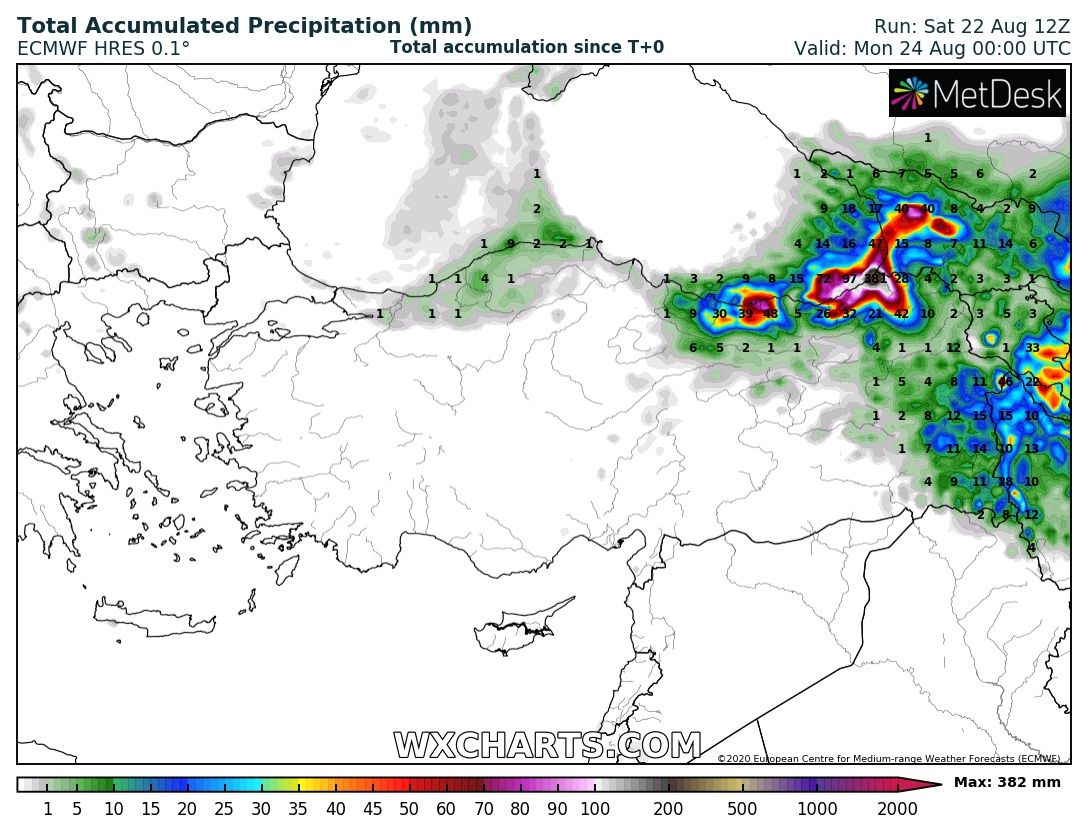 yturker's tweet photo. Yarın 24'e kadar toplam yağış, ecmwf 22/12Z. çıktısı. Ardeşen, Hopa çevresi ve iç kesimlerinde değerler çok yüksek https://t.co/kHxQUpCafz