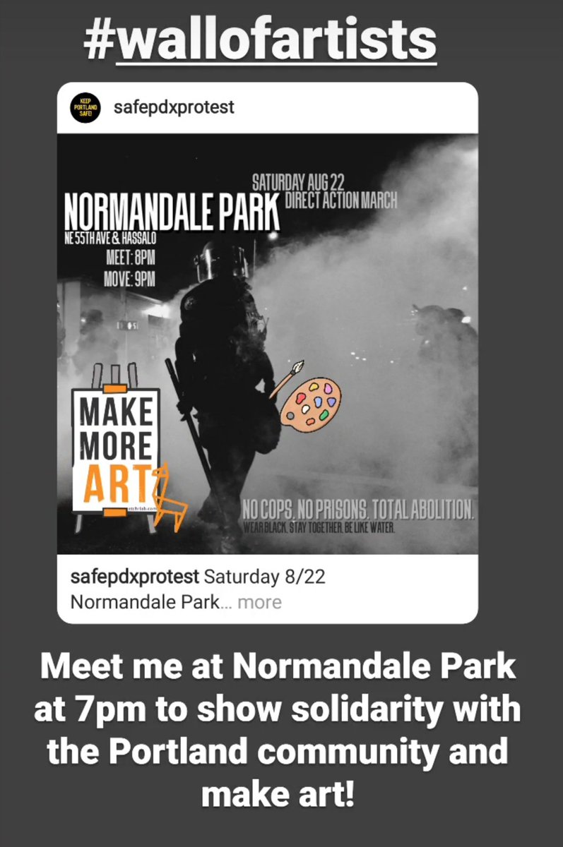 Round up your art supplies and feel free to join me in peacefully making artwork on our easles and sketchbooks tonight! 
Normandale Park 7pm
NE 55th Ave &amp; Hassalo
#wallofartists #makeartnotwar #PDXprotest #PortlandProtests #easelsagainstevils #NoJusticeNoPeace