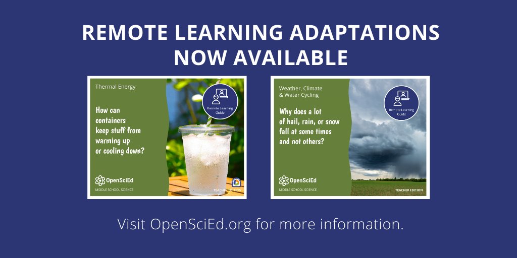 OpenSciEd's tweet photo. We now have two units that have been adapted for #RemoteLearning:
Unit 6.2 Thermal Energy
Unit 6.3 Weather, Climate &amp; Water Cycling

Thanks to @La_Believes, w/ support from @MASchoolsK12 &amp; #openscied Ts for revising our units for remote learning! 

https://t.co/81m7CgHnar https://t.co/RlDZQaYOcb