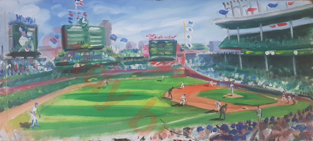 19/08/22 MLB Ballpark 15/30 Wrigley Field  @cubs vs  @sfgiants Shadowed by a local journalism student I had the perfect view to paint the infamous ivy, scoreboard and rooftops. An absolute dream to be within it all. What a diamond! @mitchdudek  @BrianBernardoni  #DiamondsOnCanvas