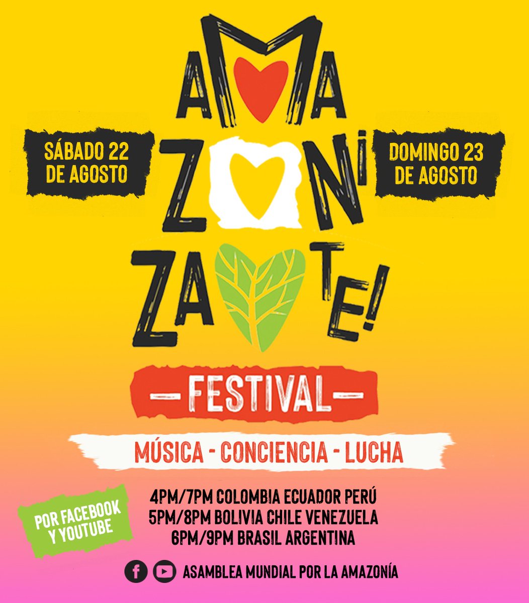 asambleamazonia's tweet photo. HOY iniciamos Festival Internacional AMAZONIZATE. Artistas del mundo solidarios con la Amazonía y pueblos amazónicos. Síguenos 22 y 23 en Facebook y Youtube a las 4pm (hora Bogotá, Quito, Lima)
#Amazonizate #AmazoniaViva #amazoniasinfuego #AmazoniaSinExtractivismo https://t.co/PNBPRPGIY2