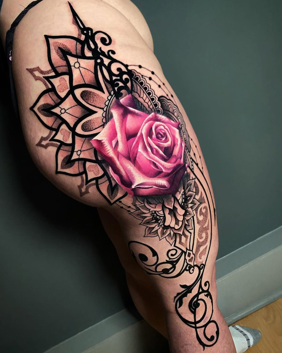 Tattoo Ideas on X: Mandala & Rose Leg Tattoo    / X
