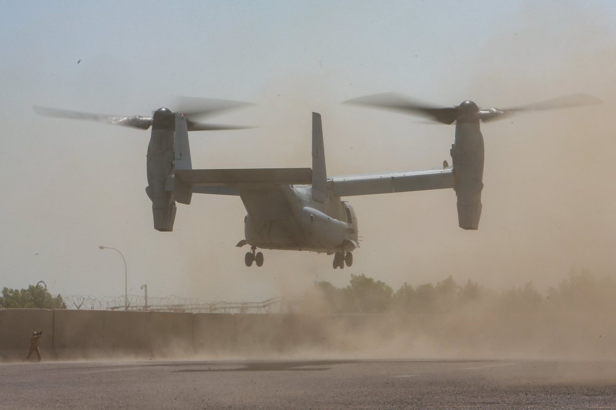 13th Marine Expeditionary Unit (@official13thmeu) on Twitter photo <a href="/USMC/">U.S. Marines</a> MV-22 osprey take off following an aircraft swap at a commercial port in Kuwait.
<a href="/CENTCOM/">U.S. Central Command</a> <a href="/USMC/">U.S. Marines</a> MV-22 osprey take off following an aircraft swap at a commercial port in Kuwait.
<a href="/CENTCOM/">U.S. Central Command</a>