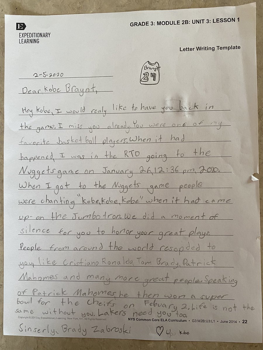 My 9yo continues to be inspired by you <a href="/kobebryant/">Kobe Bryant</a>. You left a positive impression on him. His letter to you. <a href="/Lakers/">Los Angeles Lakers</a> <a href="/JeanieBuss/">Jeanie Buss</a> #missyoukobe