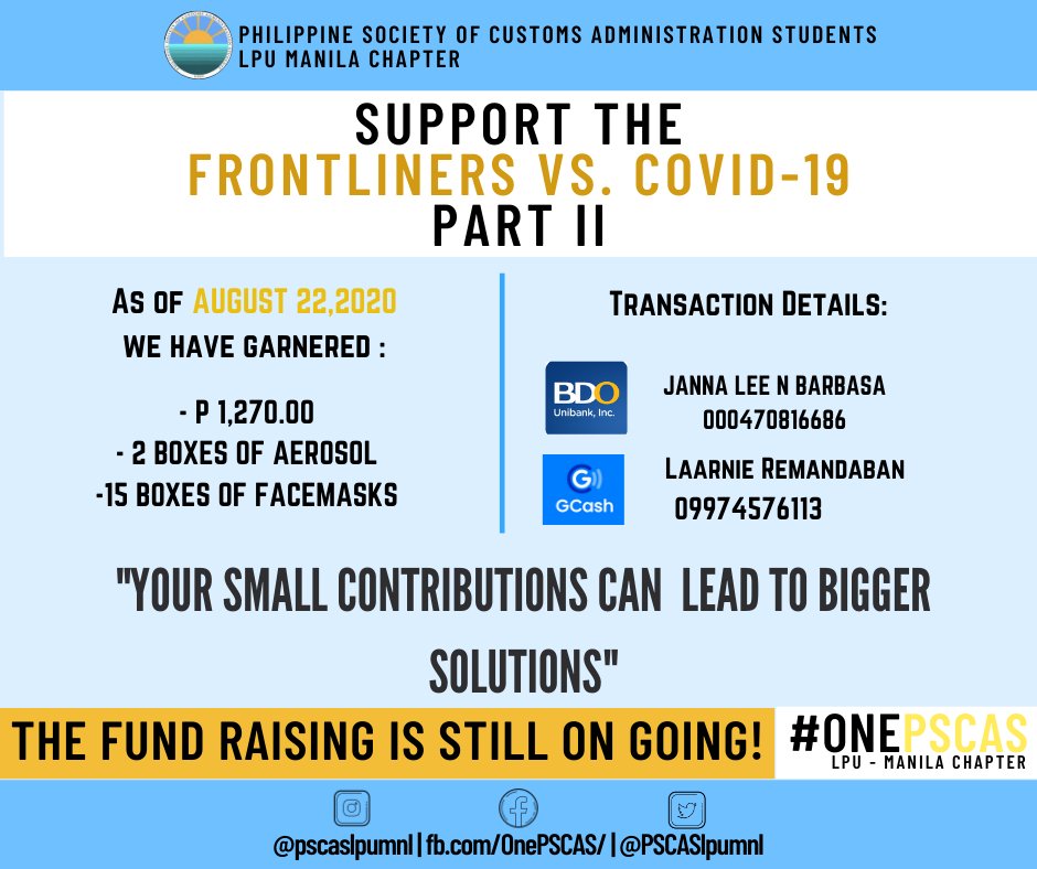 PSCASlpumnl's tweet photo. "SMALL CONTRIBUTIONS can lead to BIGGER SOLUTIONS"

As of AUGUST 22, 2020:
PSCAS have garnered:
- P1,270.00
- 2 boxes of aerosol
-15 boxes of facemasks
from our generous donors for our fund raising: Support the FRONTLINERS VS. COVID-19 (Part 2)

The fund raising is still ongoing! https://t.co/wTbLw7K2x6