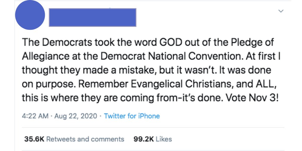 HI.I'm an evangelical Christian and I have thoughts about this recent tweet in which it was suggested that the DNC didn't include the word "God" in the Pledge of Allegiance. Short version: Even if it were true (which it mostly isn't), who cares?(A Thread)