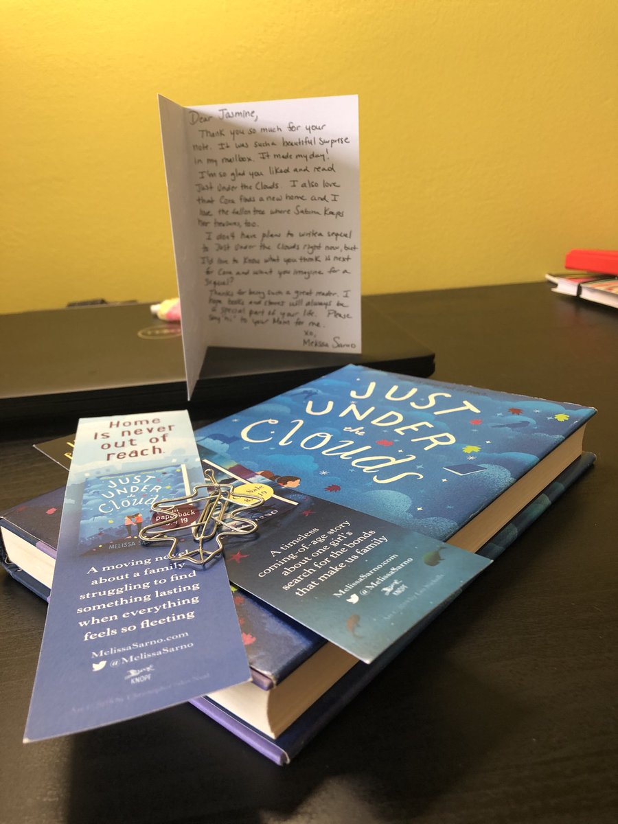 Thank you ⁦<a href="/MelissaSarno/">MelissaSarno</a>⁩ for making my 4th grader’s day! Who would have guessed that a book written by one of my HS friends would end up being one of my daughter’s favorite books! #justundertheclouds