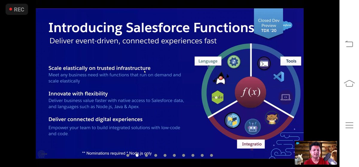 Salesforce Functions - Oh this is one of the feature i am super excited about. Since it overcomes many governor limits, it is a great feature for developers like me. As far as i understood it gives an infra where you write code working on micro servers.