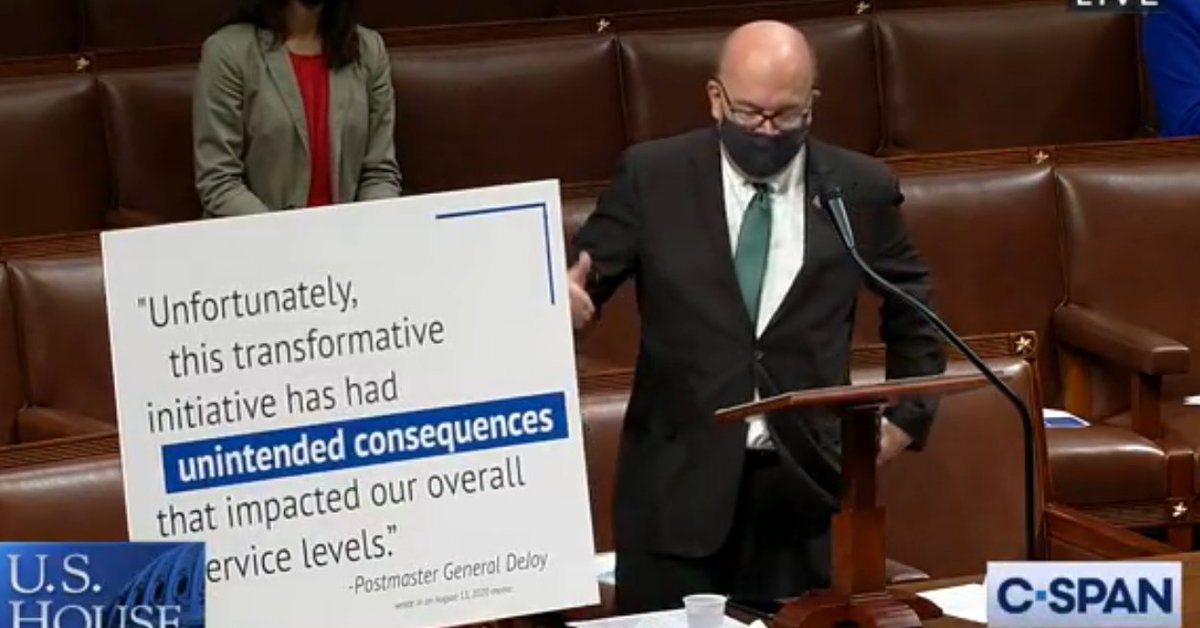 McGovern pulls up a poster with Postmaster DeJoy's own remarks about the unintended consequences of his changes on postal service performance. This isn't just coming from Dems, is McGovern's point. DeJoy says it himself. More on that here:  https://www.documentcloud.org/documents/7042107-Postal-Service-Letters.html