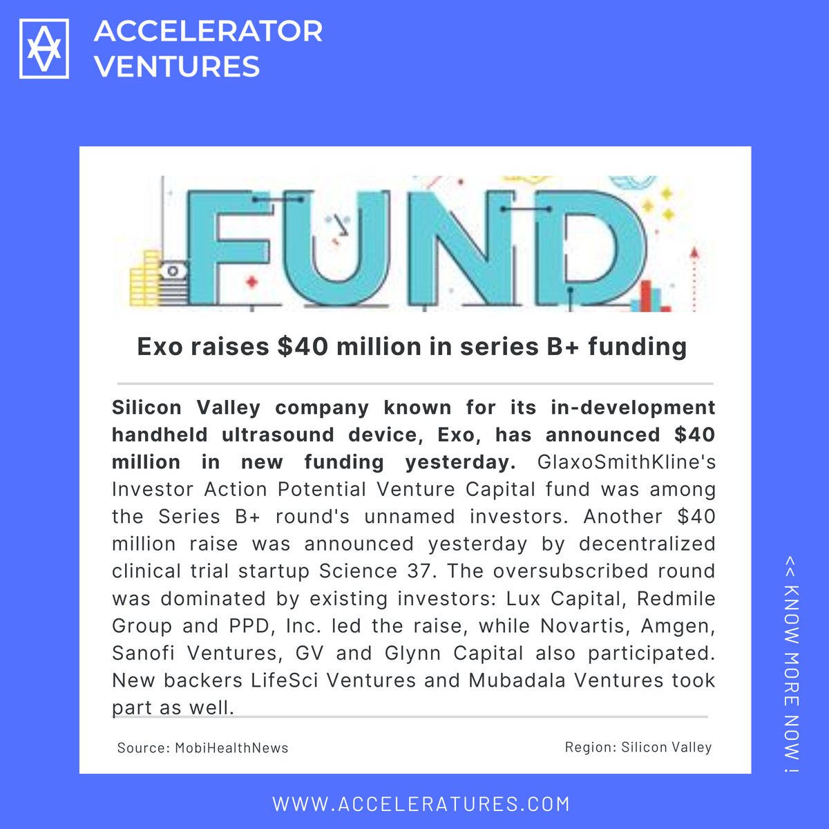 AccelVentures's tweet photo. #SiliconValley company known for its in-development handheld #ultrasound device, Exo, has announced $40 million in new funding yesterday. 

Source: MobiHealthNews

Know more at: https://t.co/gufAGzRRCj https://t.co/wj7n5zWbdG