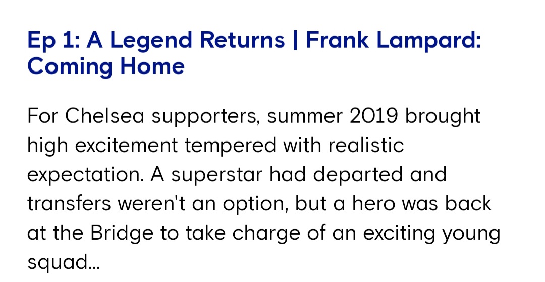 'A Legend Returns' - Frank Lampard: Coming Home (2/8)Favourite moments:- Frank pondering before his first press conference- Frank talking to the group when Pulisic arrives to training - Frank after  saying he wants to talk about winning not just good patches #Chelsea