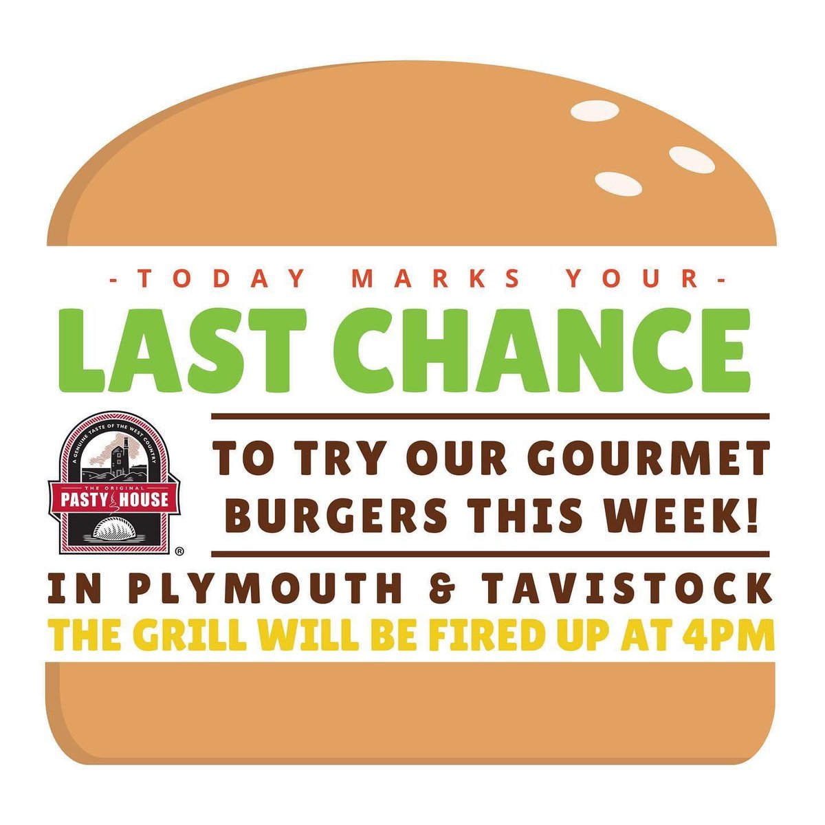 Get Your Orders Ready For 4PM 🍔🕓
-
Our delicious Gourmet Burgers will be served for the last time this week at both our Plymouth and Tavistock branches 😋
-
Order via pastyhouse.co.uk to be the first to get your hands on them this evening 📲
-
#pastyhouse