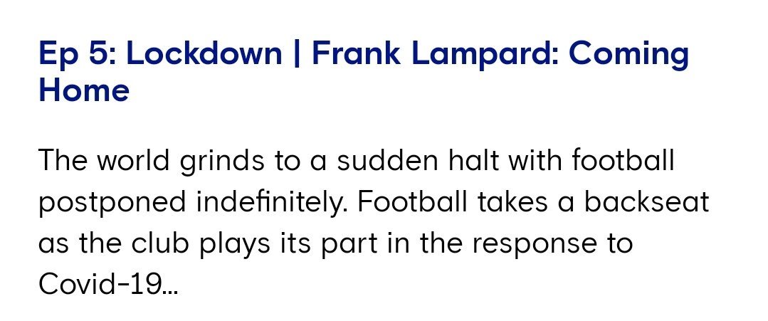 'Lockdown' - Frank Lampard: Coming Home (6/8)Favourite moments:- Frank's pride in how the Club & players handled lockdown- Frank's view on strangeness/challenge of no fans- Frank's insights of how the players overcame the no atmosphere to defeat City at the Bridge #Chelsea