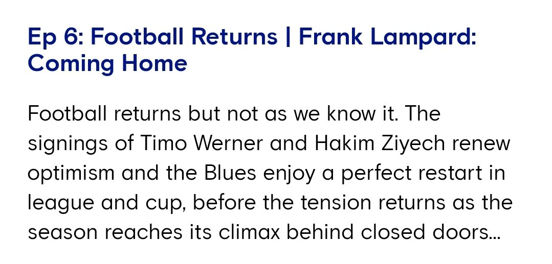 'Football Returns' - Frank Lampard: Coming Home (7/8)Favourite moments:- Frank delight on our FA  redemption v Man Utd- Frank's honest assessment over the Arsenal and Bayern Munich defeats- Frank's desire to keep growing & his increased expectations of the squad #Chelsea