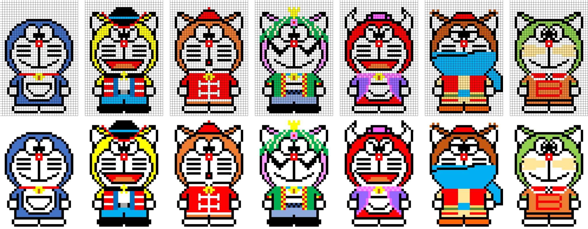 千代 ちよ Chiyo 今日はこれを作ってました ドット絵のベースはできたので あと少し修正を加えてアイロンビーズにしていきます この7人を知っている人は同じ世代ですね 仲良くしてください ドット絵 アイロンビーズ ドラえもん ザ