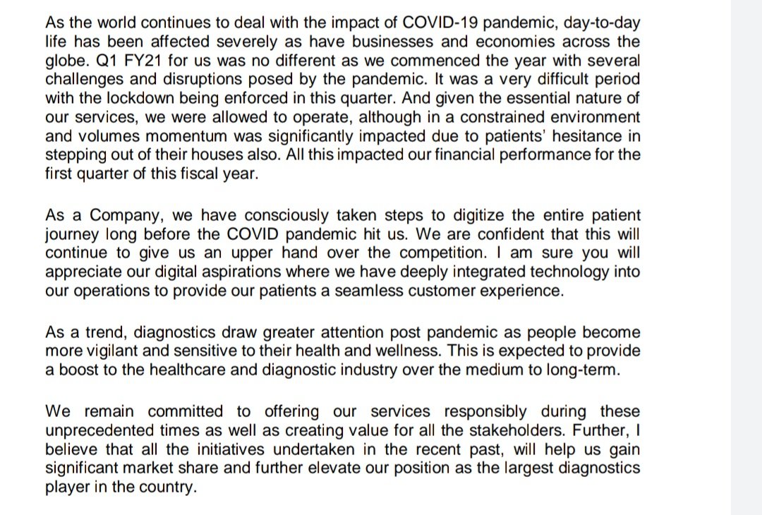 Interesting commentry in q1 concall from Dr Arvind Lal, Chairman.They have taken steps to digitize entire patients journey, this will help them to do well than competitor.