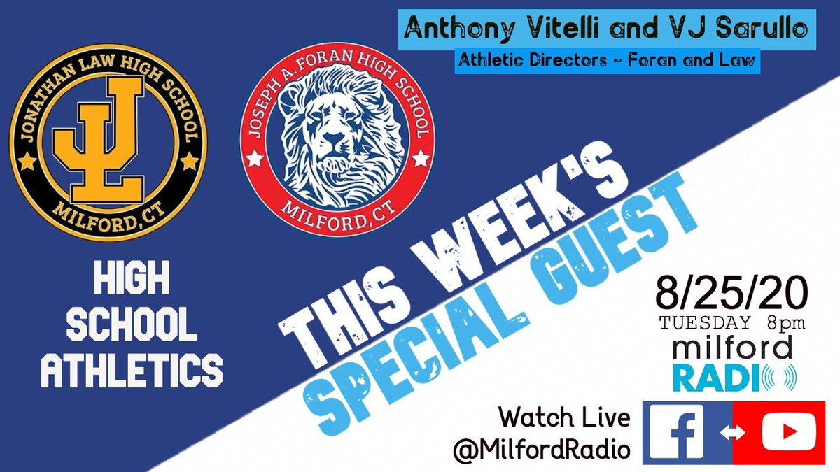 What's going to happen to fall sports at our Milford High Schools? Let's hear it from the sources. This coming Tuesday, 8/25, at 8pm we will be joined by Anthony Vitelli and VJ Sarullo, the Athletic Directors of Foran and Law. Live on FB and YouTube! #milfordradio #milfordct