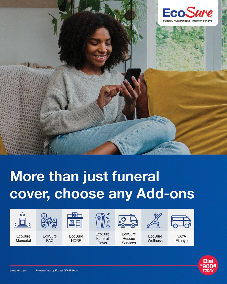 EcoSureZW's tweet photo. Get more than just funeral cover and enjoy peace of mind with EcoSure’s valuable Add-Ons.

Try it now by simply following these steps Dial *900#
Select EcoSure Funeral,
Select EcoSure Individuals
Select RTGS Dollar
Select EcoSure Plus
Choose the Add On
#EcoSure #EveryoneCovered https://t.co/sVzhRcdkEh