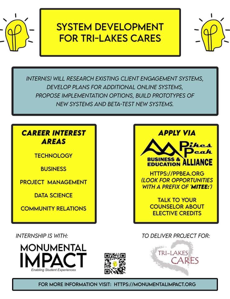 Do you know a youth who wants to improve their technical skills AND contribute to our local community in a meaningful way? If so, we want to connect with them!

Learn more about our current internship opportunity at tri-lakescares.org/about-tlc/empl…
<a href="/PPBEA_/">Pikes Peak Business & Education Alliance</a>